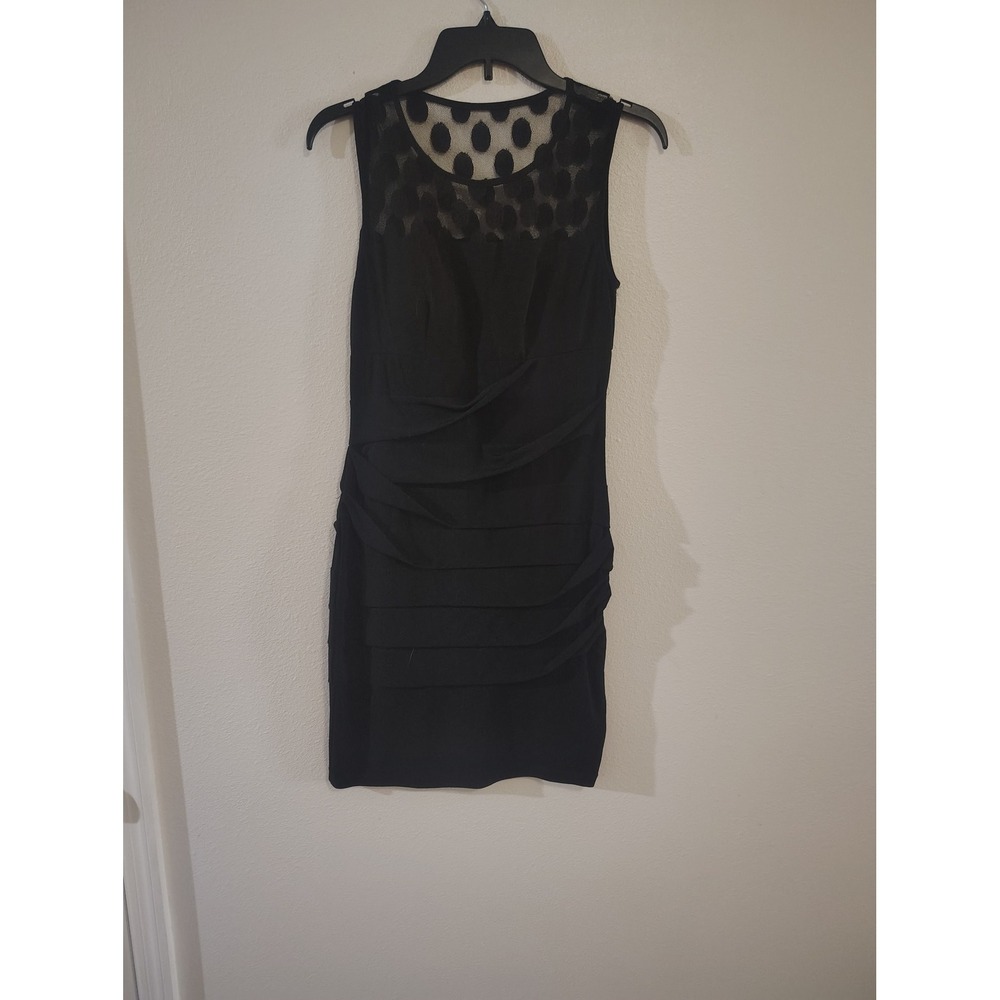 Saint Tropez West Black Mesh Polka Dot Ruched Sleeveless Cocktail Dress Size 8